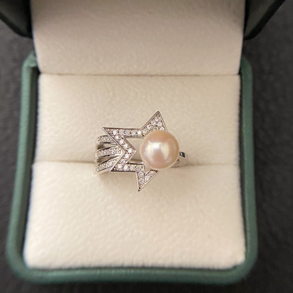 8mm Pink Japanese Akoya Pearl Comets Ring Sterling Silver